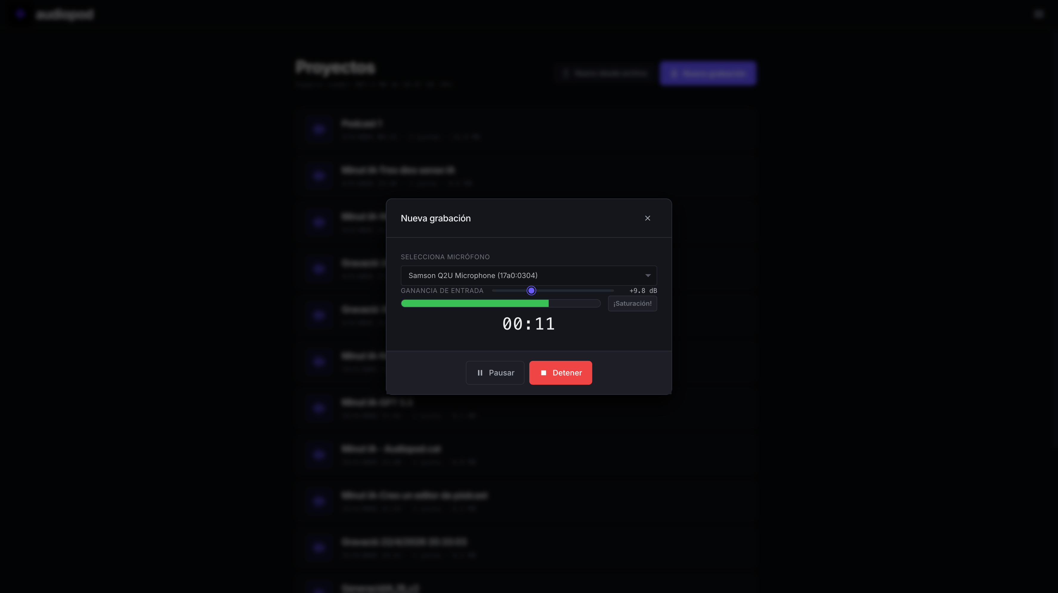 Captura de pantalla del editor Audiopod en español