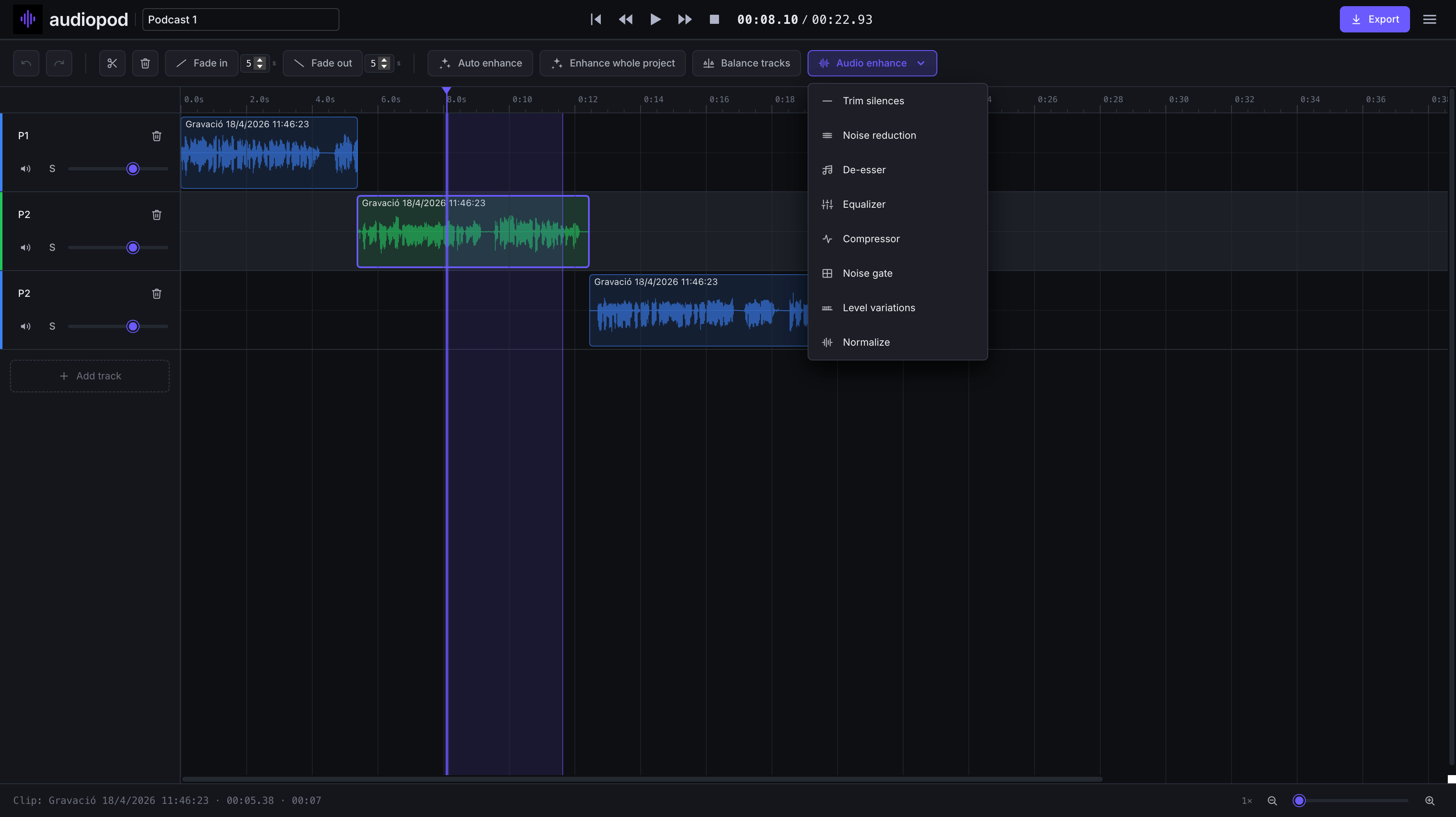 Screenshot of the Audiopod editor in English