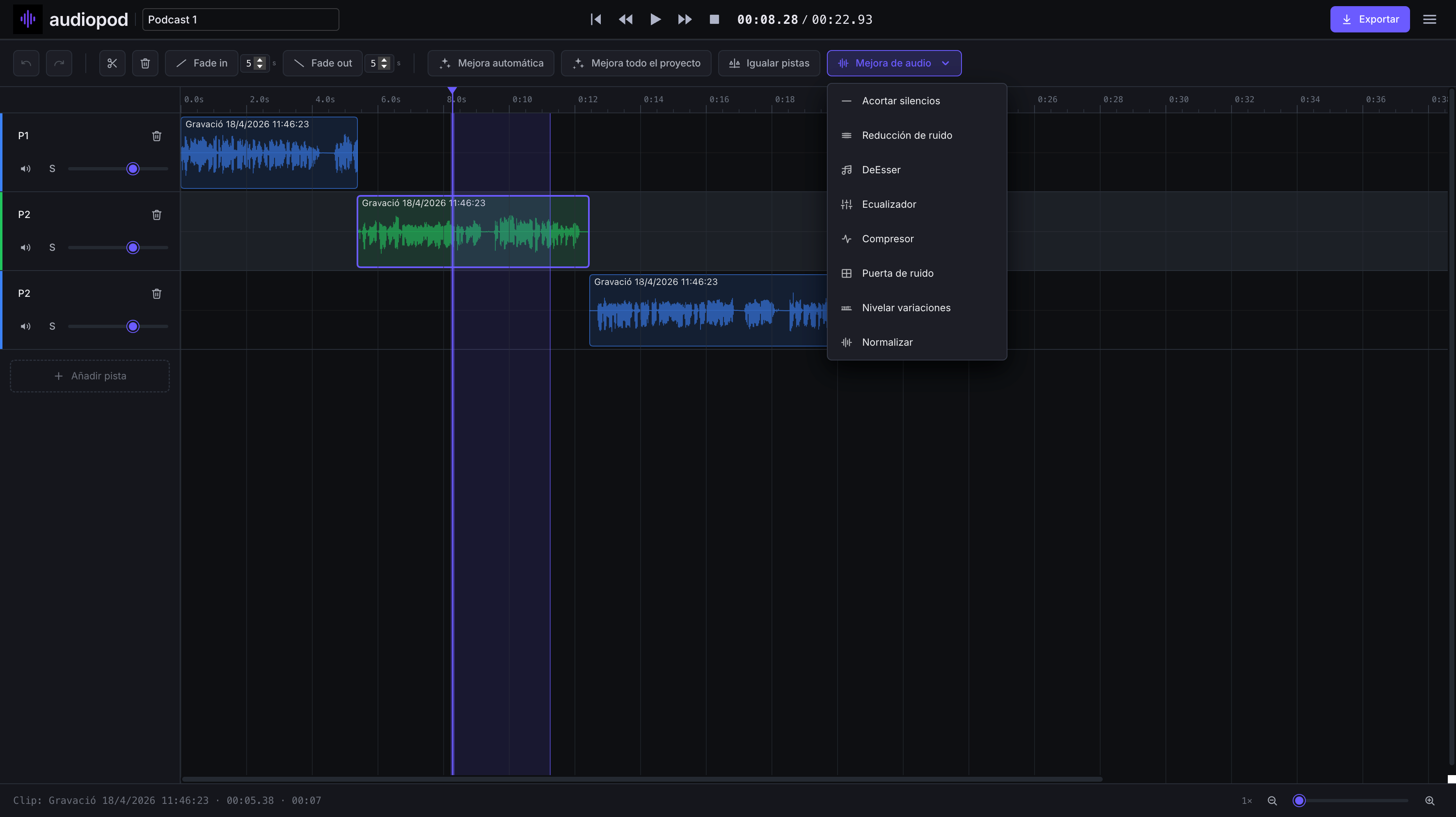 Captura de pantalla del editor Audiopod en español