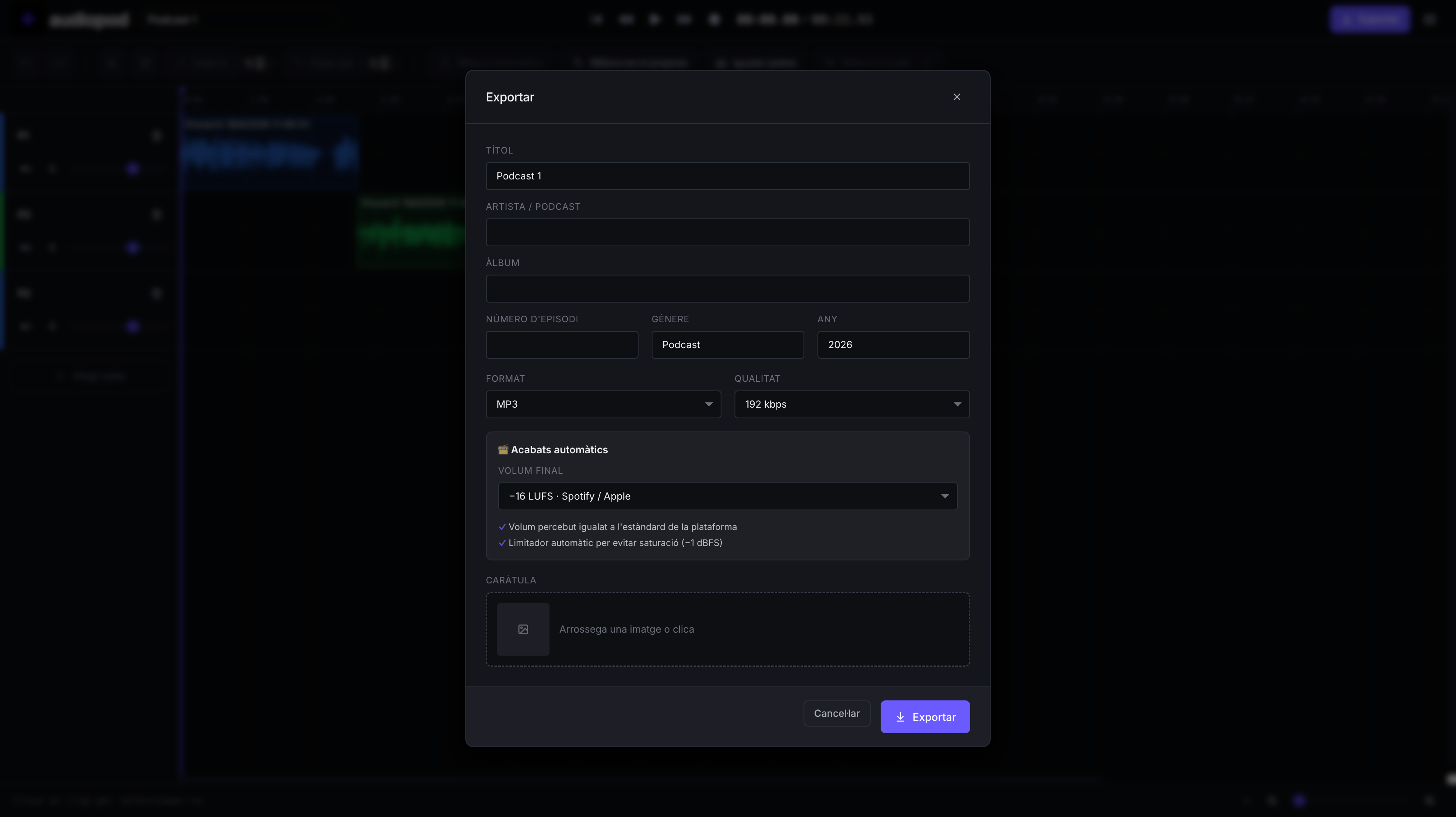 Captura de pantalla de l'editor Audiopod en català